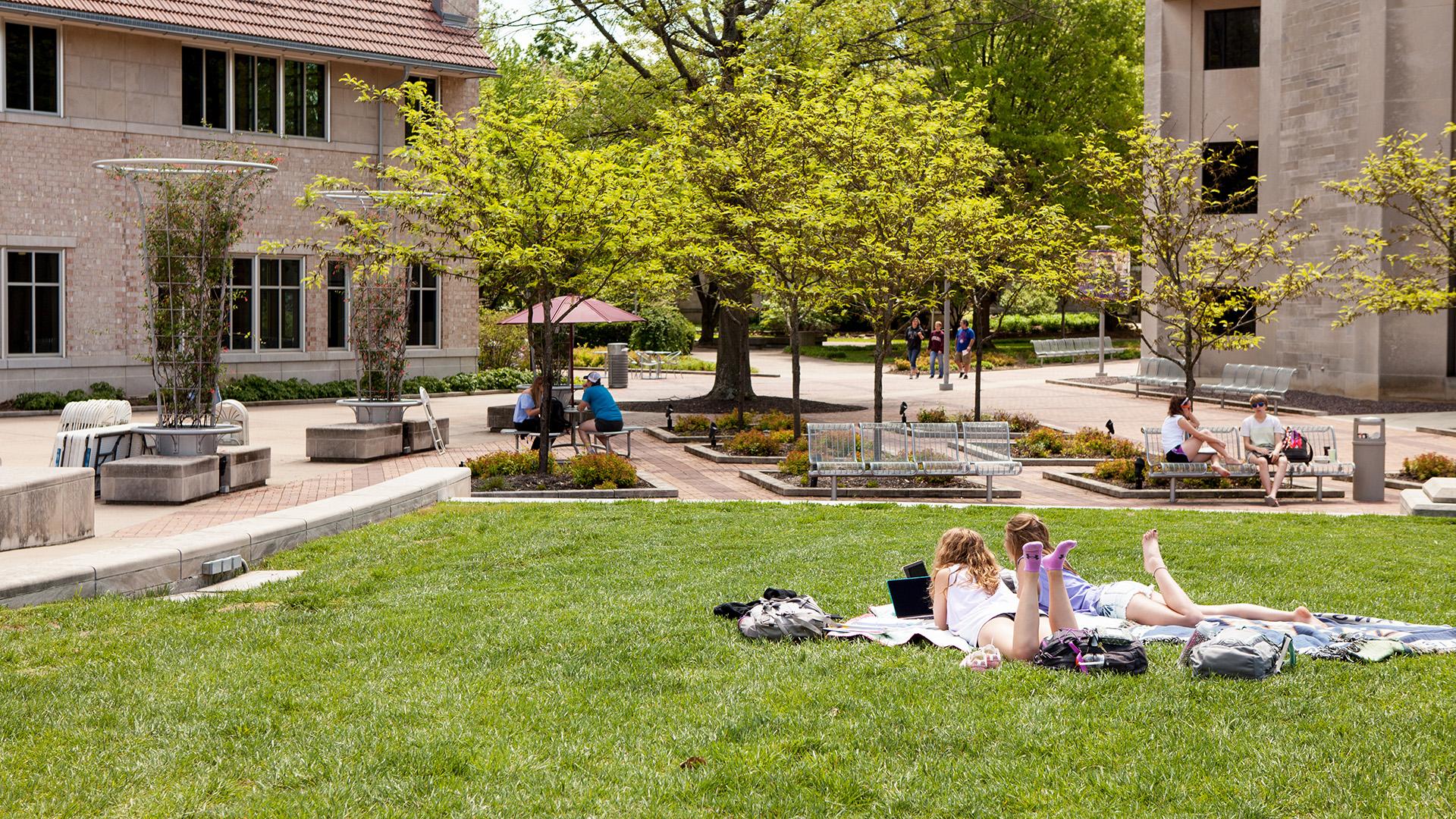 Students lounging in front of Ridgway